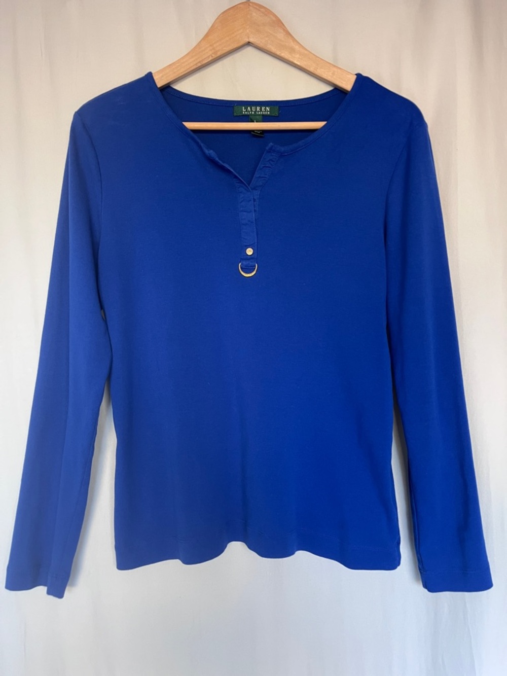 Lauren Ralph Lauren Blue Knit Top Size L | Gold Ring Detail Long Sleeve Workwear